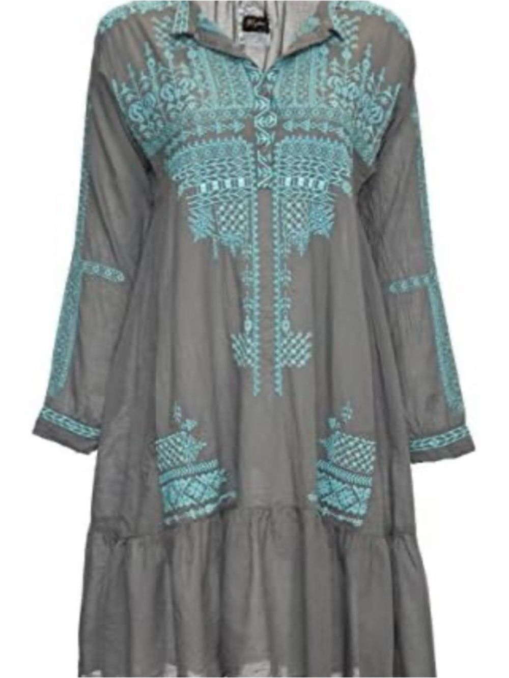 Biya by Johnny Was Violeeda Embroidered Gray Tunic with Teal Stitching Dress